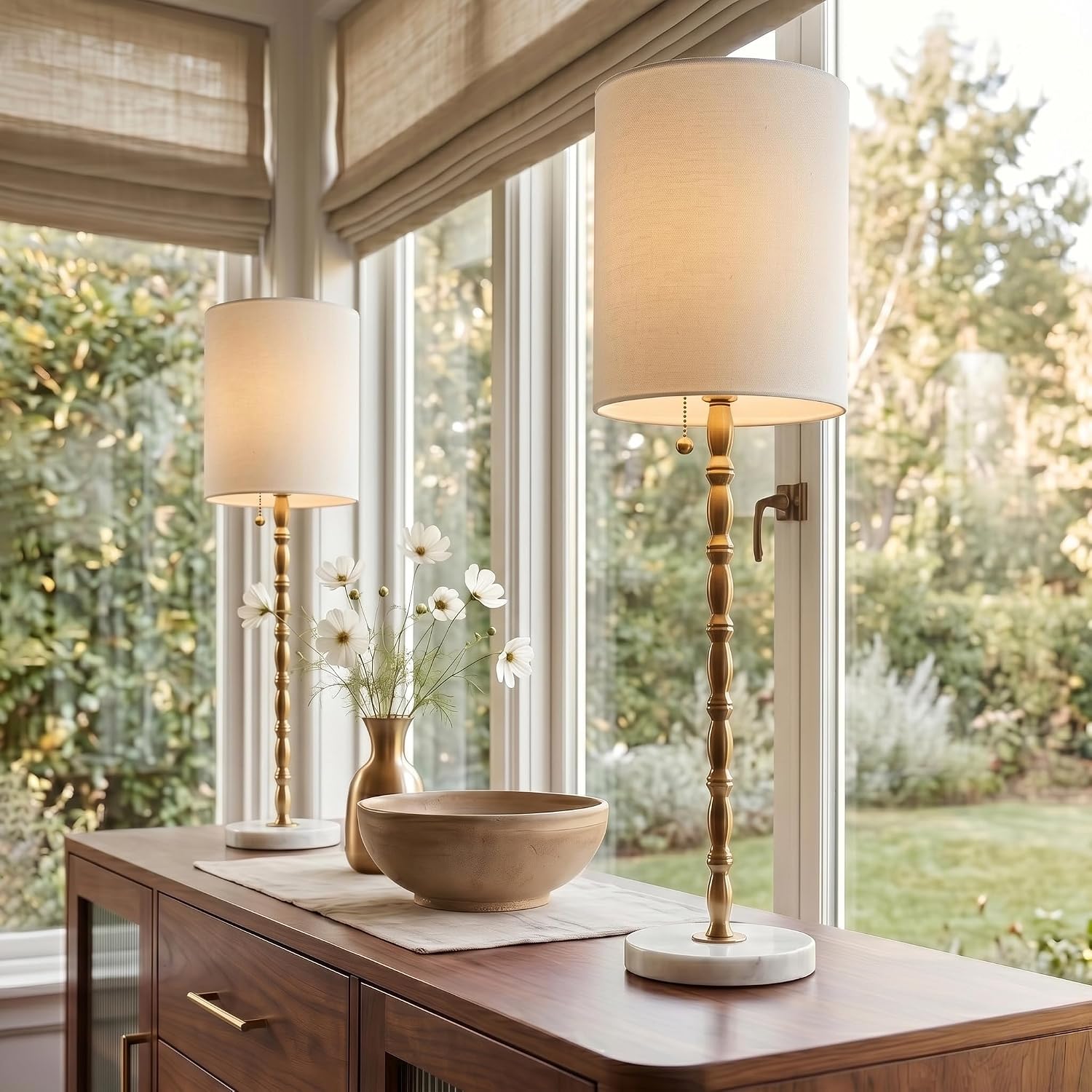 Set of 2 28.5in Marble Base Brass Luxury Table Lamps