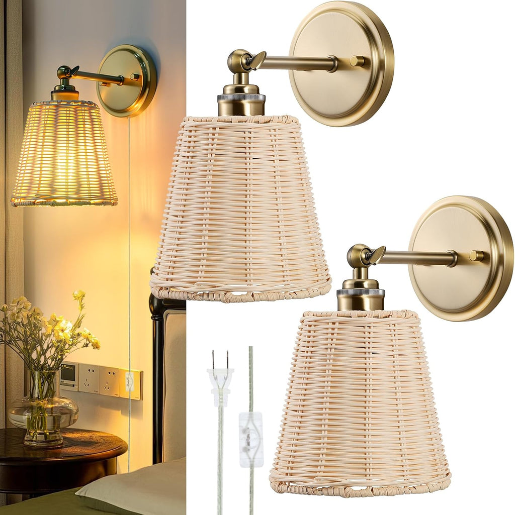 2 Pack Plug-in Wicker Rattan Wall Sconces