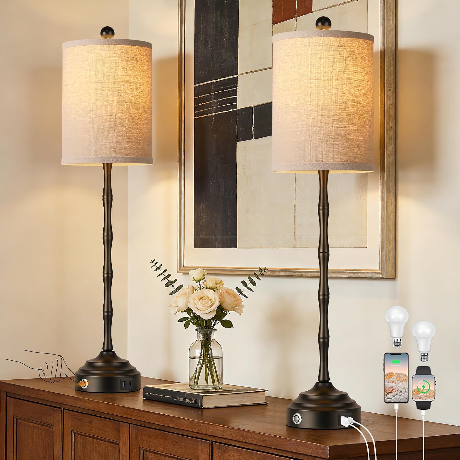 Set of 2 30.5in Black Linen Shade Skinny Table Lamps