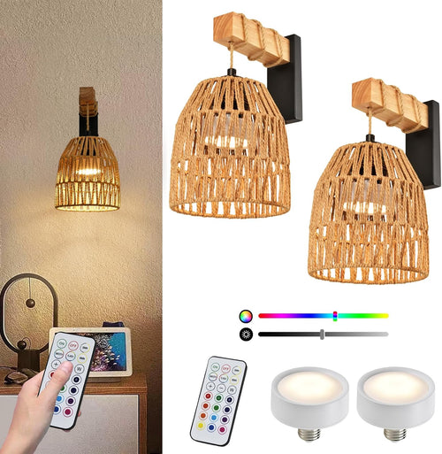 2 Pack Black Battery Rattan Wall Sconces