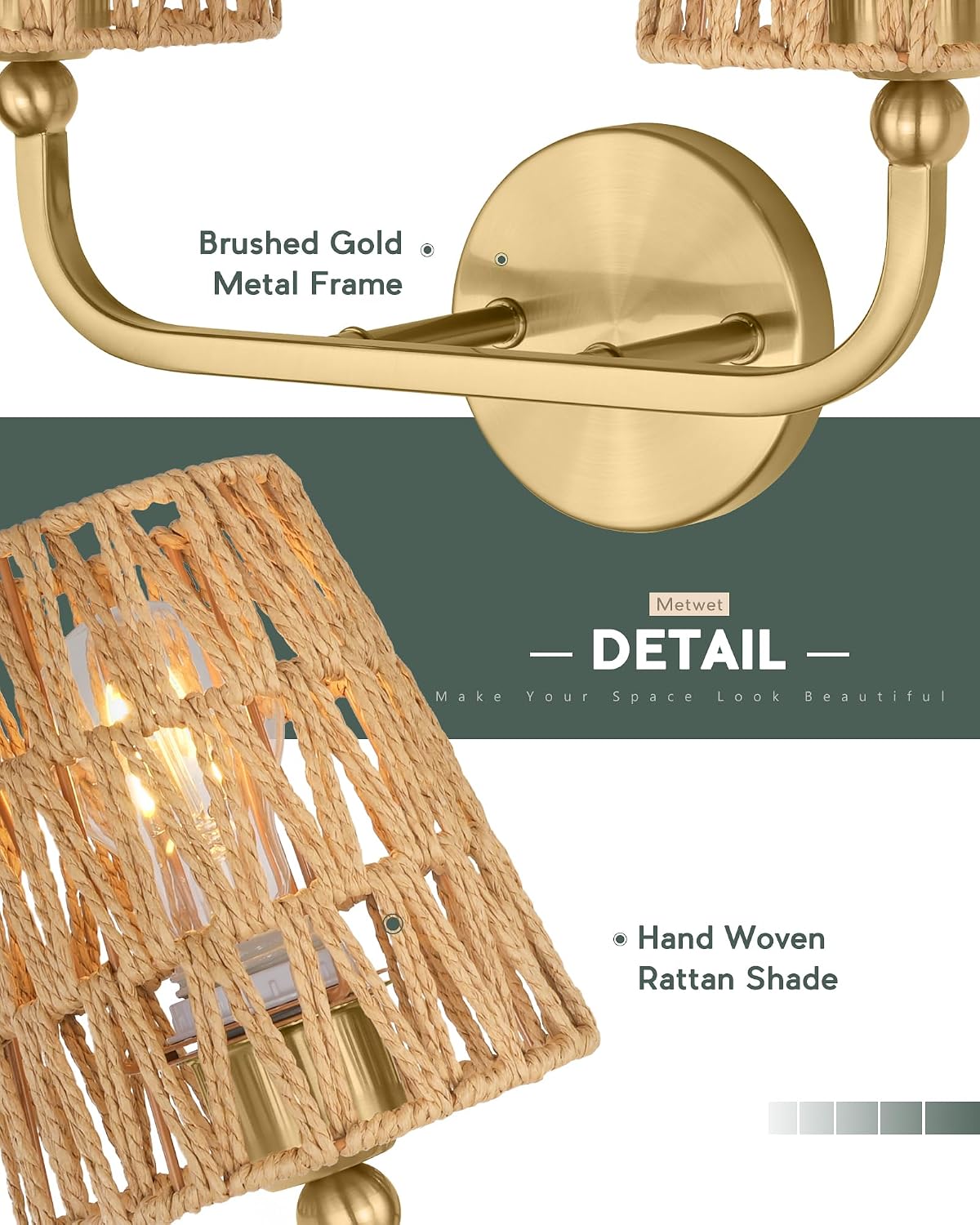 2-Light Gold Rattan Vanity Sconce