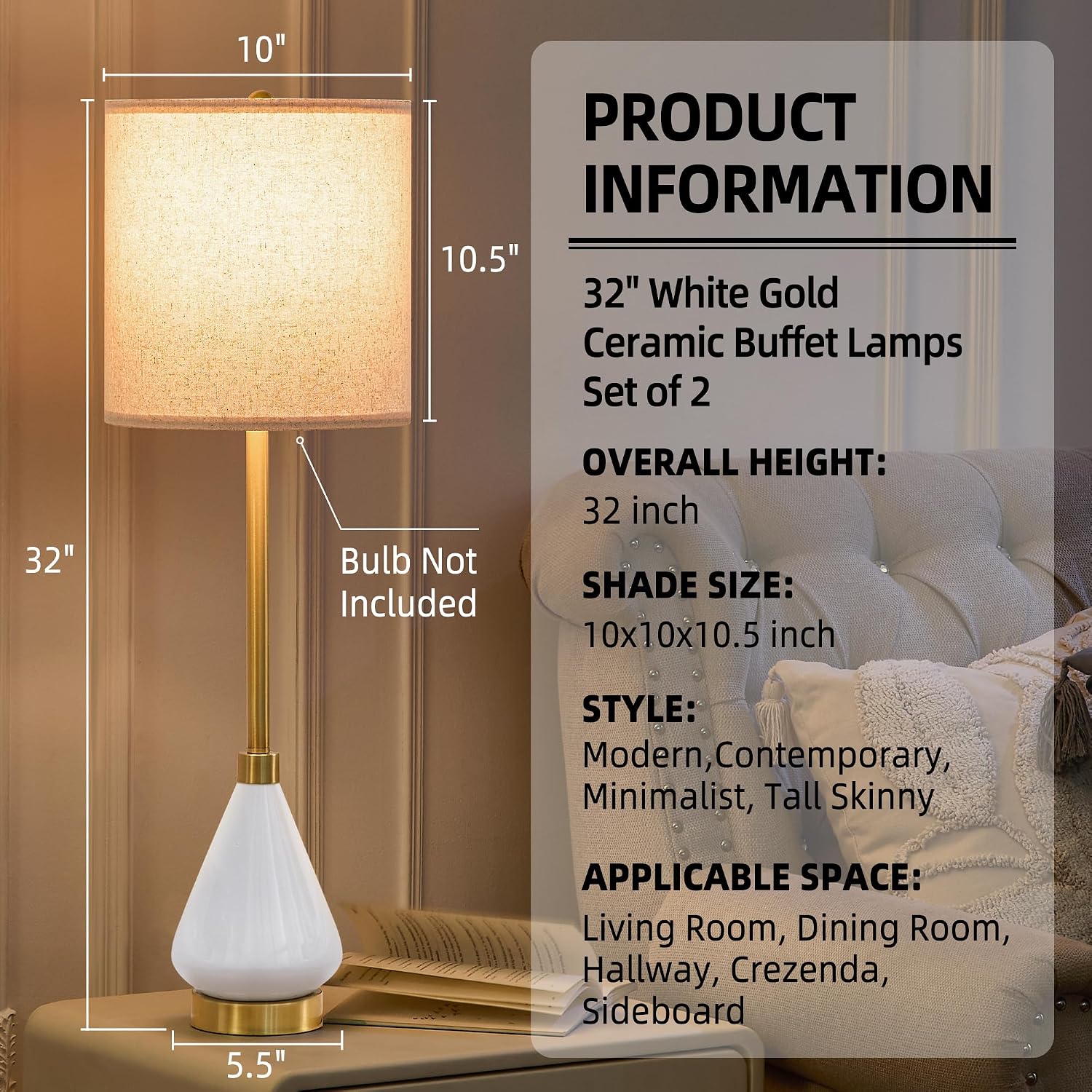 Set of 2 32in Gold Ceramic Tall Skinny Table Lamps
