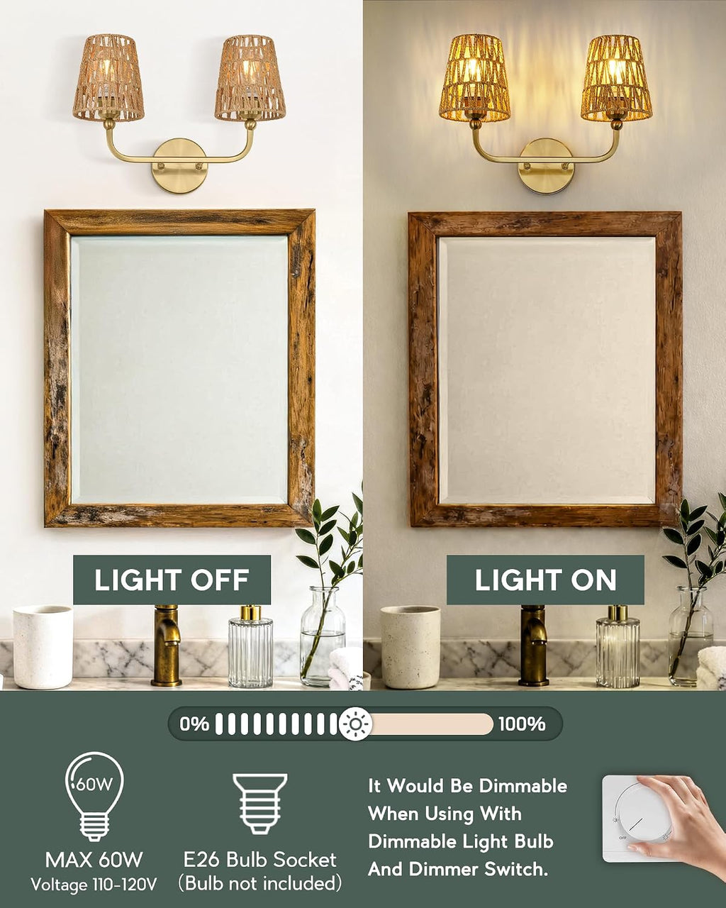 2-Light Gold Rattan Vanity Sconce