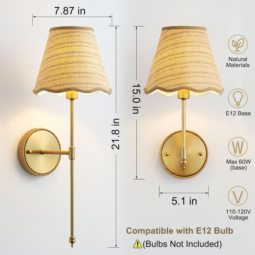 2 Pack Gold Natural Rattan Wall Sconces